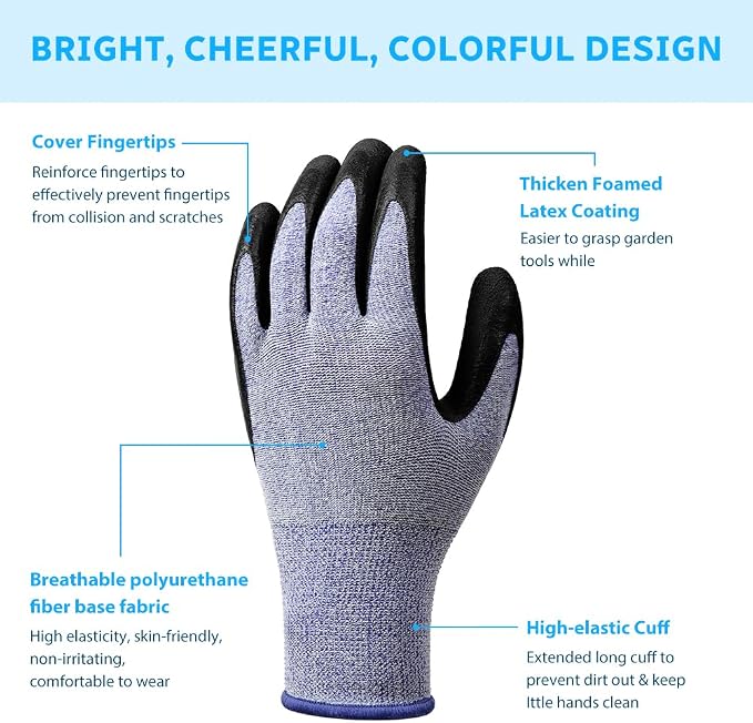 Ainiv 3 Pairs Kids Gardening Gloves Thorn Proof | Soft Rubber Coated Kids Work Gloves with Grippy Gardening Gift
