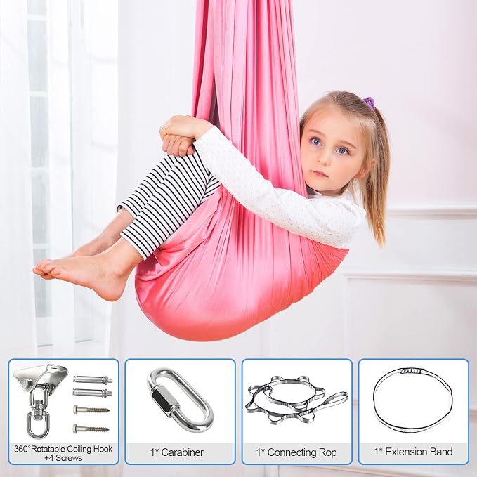 Therapy Swing Hammock Kids Cuddle Sensory Swing Indoor Therapeutic Hammock 360° Rotating Double Layer Elastic Rocking Cloth Swing Gifts for Children with ADHD SPD Asperger Autism (Pink+Grey)