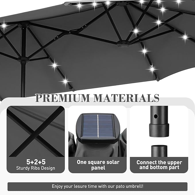 13 ft Patio Umbrella with 36 LED Lights, Large Rectangle Outdoor Solar Umbrella with Strap, Crank, Grey
