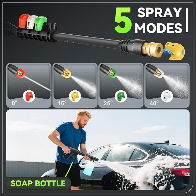 Electric Pressure Washer 5000PSI, Heavy Duty Power Washer, with 4 Nozzles,Foam Cannon,33FT Hose and 500ml Soap Bottle,Car Wash Machine/Car/Driveway/Patio Clean (Light Green)