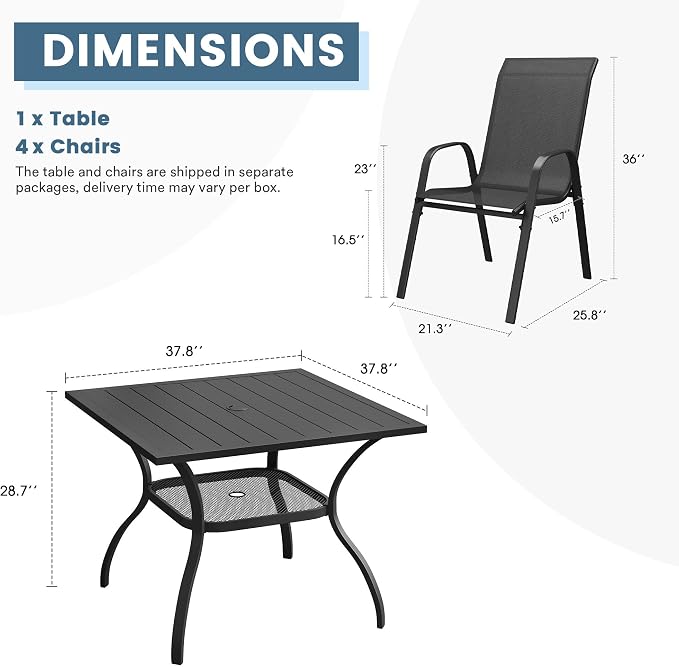 DIFY 5 Piece Outdoor Dining Set, 38" Black Square Metal Patio Table and Dark Grey Textilene Stackable Chairs for 4, All Weather Patio Furniture Set with Umbrella Hole for Backyard Garden Deck