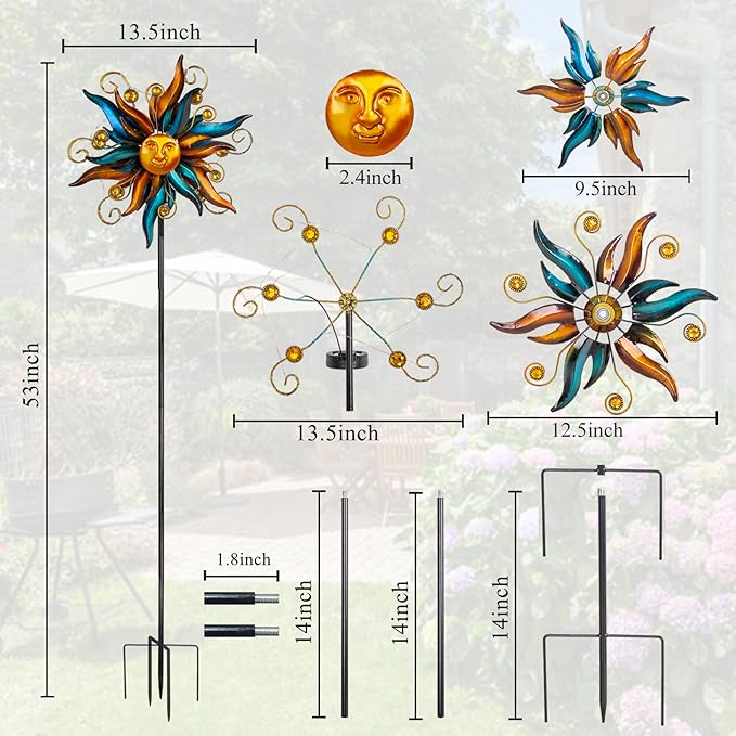 VEWOGARDEN Garden Solar Wind Spinner, Sun Outdoor Metal Wind Sculpture Yard Art Decor for Patio, Lawn & Garden