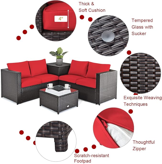 Tangkula 8 Piece Wicker Patio Set with Storage, All Weather-Proof Outdoor Conversation Set, with Loveseat, Glass Top Coffee Table & Storage Box, Suitable for Garden, Poolside, Sunroom (2, Red)