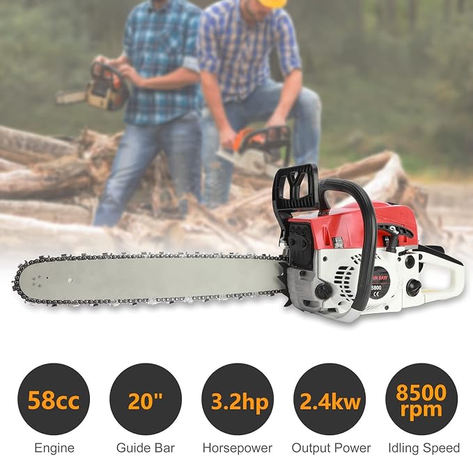 Gas Powered Chainsaws, 20" 3.2HP 58CC，2-Cycle Gasoline Powered Chain Saw, Multifunction Rust Resistant Wood Chainsaw Wood Cutting Shipping from USA Fast Arrival Red