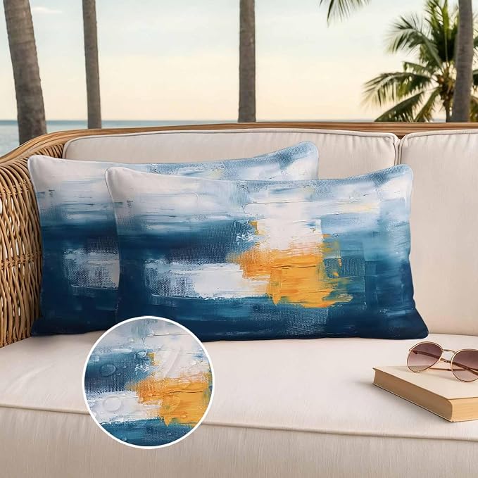 Blue Yellow Outdoor Waterproof Throw Pillow Covers Set of 2, 20"x12", Abstract Oil Painting Decorative Pillow Covers Outside Cushion Case for Patio Porch Garden