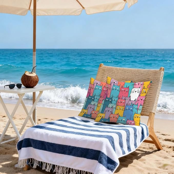 20x20 Inch Outdoor Pillow Covers Set of 2 Waterproof Throw Pillow Covers Decorative Couch Cushion Covers Colorful Cats Pattern Square Pillowcases Protectors for Patio Garden Sofa