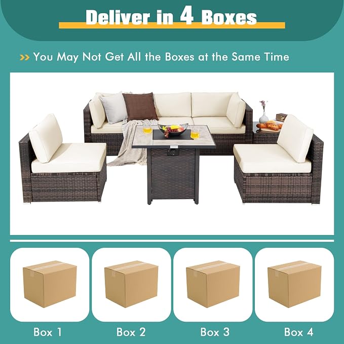 Tangkula 7 Piece Patio Furniture Set with Fire Pit Table, Patiojoy Outdoor PE Wicker Conversation Sectional Sofa Set with 30 Inches 50,000 BTU Propane Fire Pit Table, Waterproof PVC Cover (Off White)
