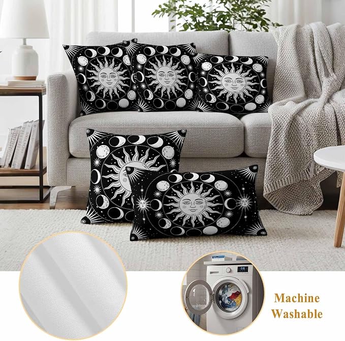 Celestial Sun and Moon Waterproof Outdoor Pillow Covers Set of 2 Home Decor, Black Starry Galaxy Boho Pillowcase Patio Pillow Covers for Couch Bench Patio Furniture Garden 26x26in