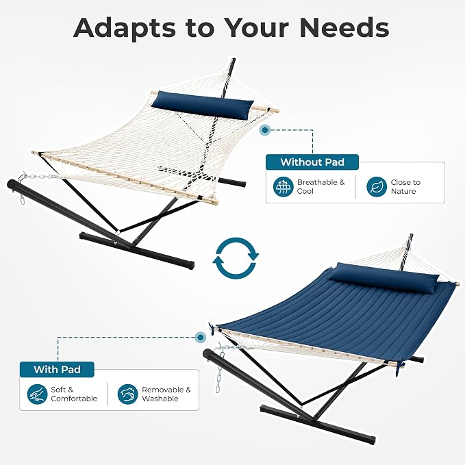 SUPERJARE 12ft Double Hammock with Stand, Rope Hammock for 2 Person, Detachable Hammock Bed and Pillow, Portable, Anti-Tip Safety Ropes, Carry Bag, Outdoor Backyard Patio Camping, Navy Blue