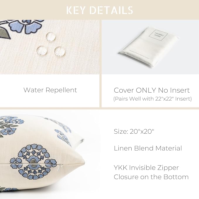 California Casual Coastal Indoor Outdoor Throw Pillow Cover, 20"x20" Water Repellent for Patio, Backyard, Couch, Poolside, Green Light Blue Block Print Hydrangea Flowers