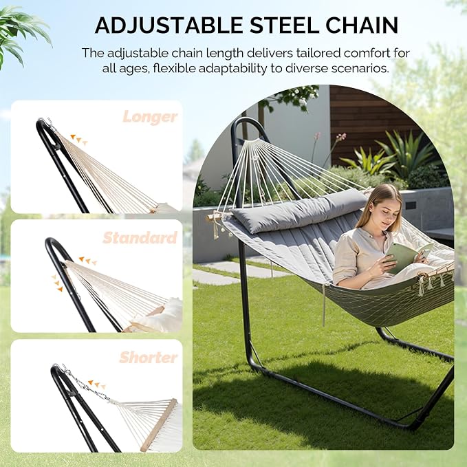 ONCLOUD Hammock with Stand, Double-Barrel Hammock with Hammock Bed, Heavy Duty Adjustable Hammock Set for Outdoors, Patio, Yard, Garden, 550 LBS (Gray)
