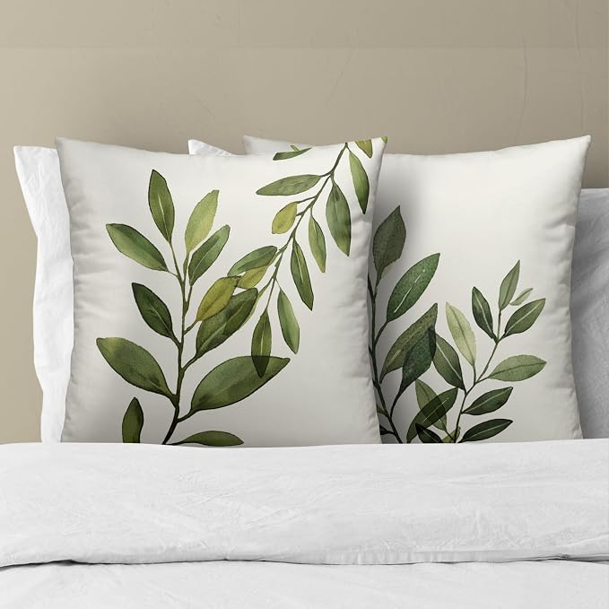 Sage Green Leaf Pillow Covers 22x22 Inch, Set of 2 Rustic Spring Summer Plants Leaves Cotton Square Pillowcases for Sofa Couch Bedroom Living Room Car Indoor Outdoor Home Decor
