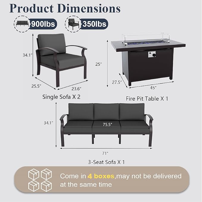 ALAULM Aluminum Patio Furniture Set with Propane Fire Pit Table 5-seat Metal Outdoor Furniture w/Fire Pit Sectional Sofas w/5.1" Cushions for Patio, Backyard, Poolside-Black