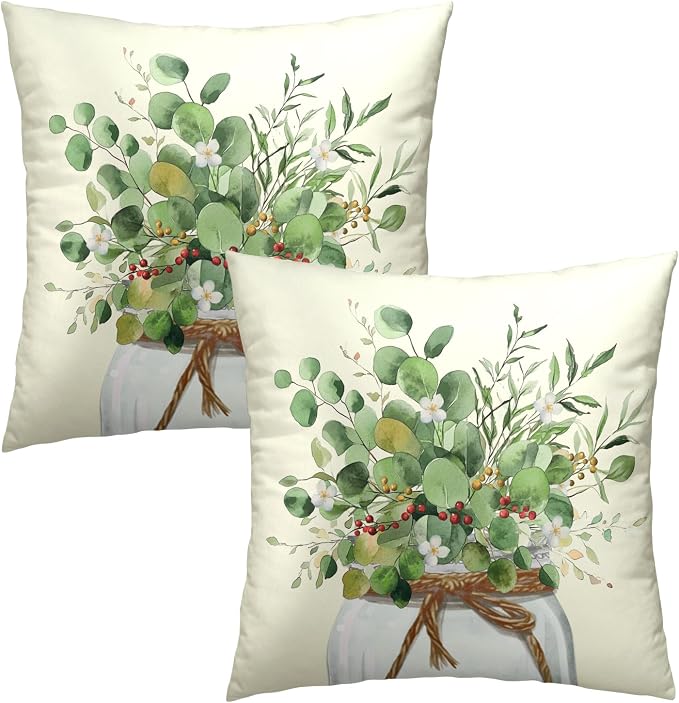 Eucalyptus Leaf Throw Pillow Covers 22x22 in Set of 2 Spring Green Leaves White Floral Jar Holiday Farmhouse Square Pillowcases Cushion Cover for Couch Bed Sofa Outdoor Patio Décor