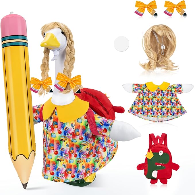 23" Back to School Porch Goose Outfit, Curly Wig (Statue not Included) | Complete 6 piece back to school goose set, Wavy unbraided wig + dress + pencil clips + inflatable pencil + red bag + tape