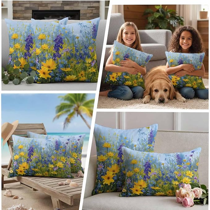 Outdoor Waterproof Pillow Covers for Patio Rustic Landscape Decorative Throw Pillow Cover Spring Wildflower Floral Yellow Blue Purple Pillowcases Set of 2 Cushion Case for Sofa Couch Chair 20x20 Inch
