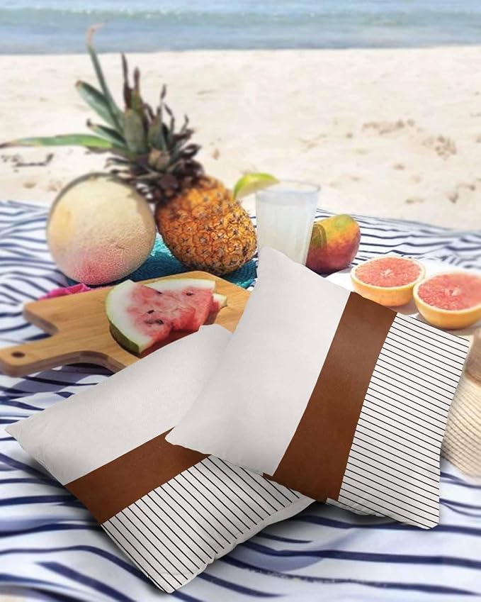 Outdoor Waterproof Throw Pillow Covers 24x24in, Farmhouse Mid Century Cushions for Garden Patio Furniture Chairs Set of 2, Boho Stripes Texture Home Decor Couch Sofa Polyester Pillow Cases