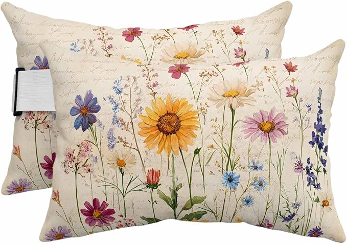 Spring Floral Outdoor Lumbar Pillows 11x16 Set of 2, Vintage Pastoral Rustic Botanical Flowers Waterproof Throw Pillow Covers with Insert, Decorative Pillowcase Cushion for Couch Sofa Bed
