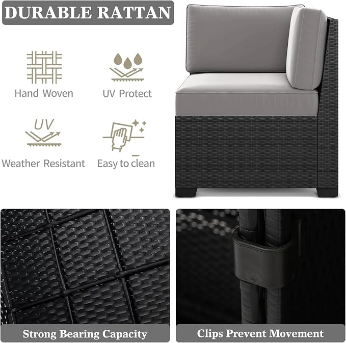 LayinSun 7 Pieces Patio Furniture Set with Fire Pit Table, Black Rattan Modular Sectional Patio Conversation Sofa Set