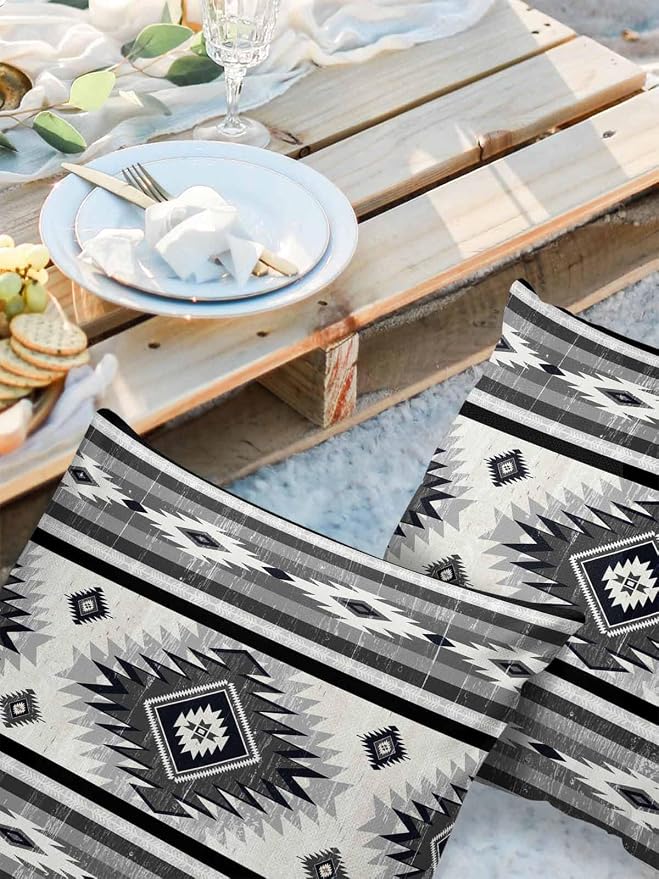 Outdoor Waterproof Throw Pillow Covers Set of 2 Gray Boho Aztec Pillowcases 20x20 Inches Southwest Tribal Geometric Patio Decorative Pillows Cushion Case Patio Pillows for Couch Bed Chair Garden