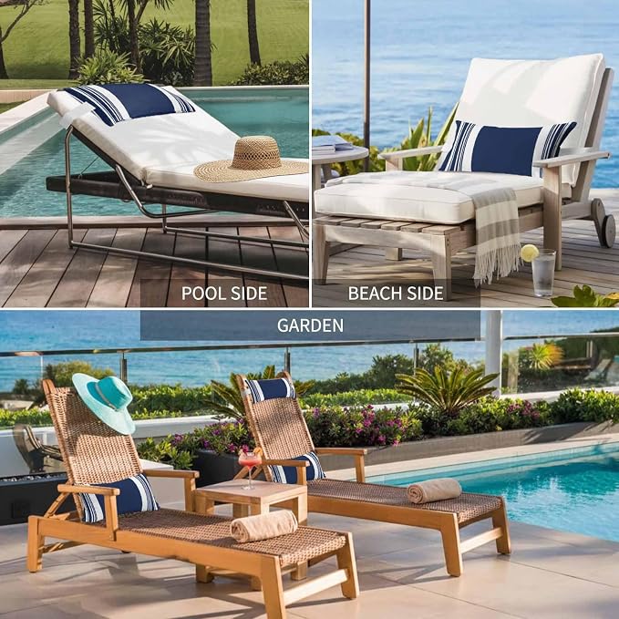 Outdoor Lumbar Pillow Set of 1, Farmhouse Navy Blue Waterproof Beach Headrest Pillow with Inserts, Aesthetic Modern Line Striped Recliner Throw Pillows for Patio Furniture, 11 x 16
