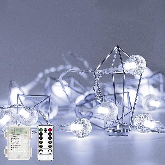 Metaku Cool White Globe String Lights Fairy Light 16ft 50LED & Remote | Battery Operated Indoor Outdoor Hanging String Lights Christmas Lights for Home Party Patio Garden Classroom Wedding