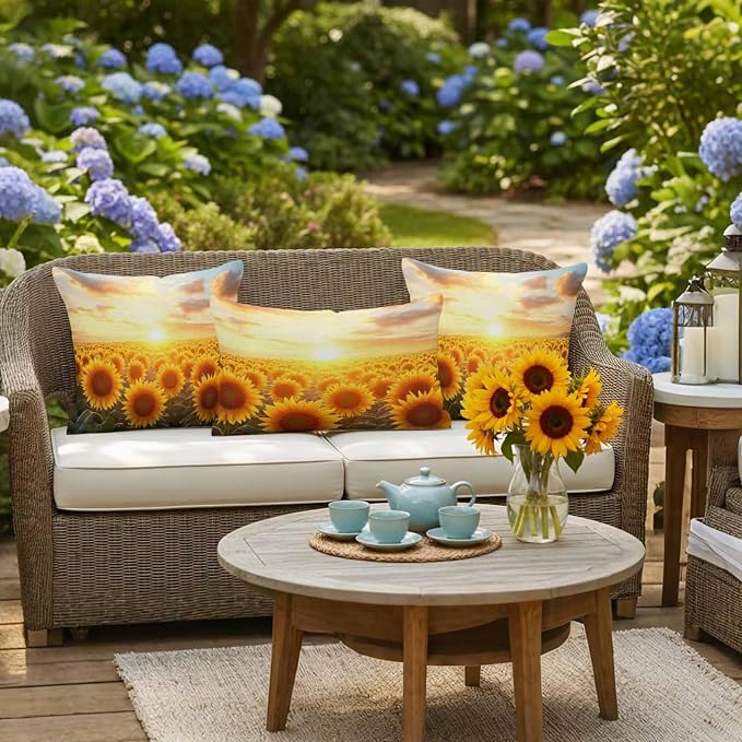 Sunflower Floral Waterproof Outdoor Pillow Covers Set of 2 Home Decor, Summer Pastoral Botanical Flowers Pillowcase Patio Pillow Covers for Couch Bench Furniture Garden 18x18in