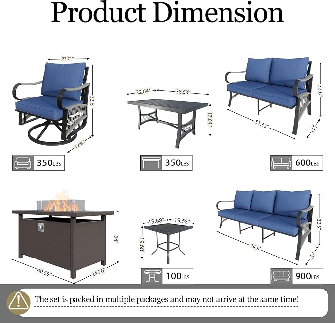 10-Piece Outdoor Furniture Set, Metal Swivel Rocking Chairs with All-Weather Cushions, Patio Conversation Set with Fire Pit Table for Deck, Porch, Garden, Backyard, Poolside (Blue Cushions)
