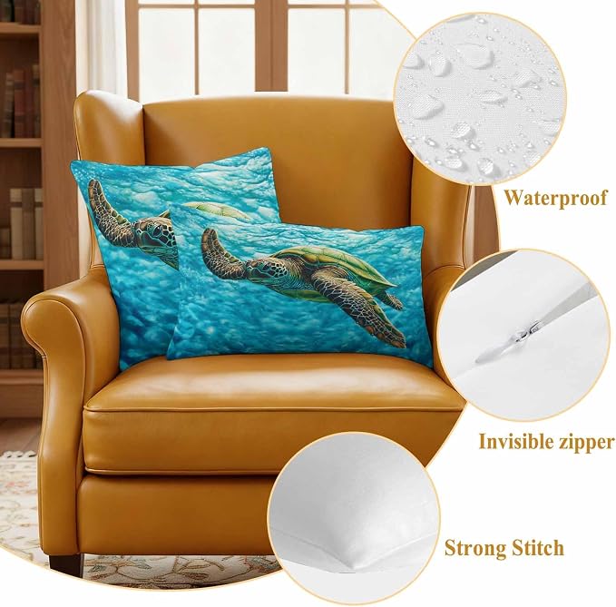Swimming Sea Turtle Outdoor Waterproof Throw Pillow Covers Set of 2, 24"x24", Sea Water Retro Decorative Pillow Covers Outside Cushion Case for Patio Porch Garden