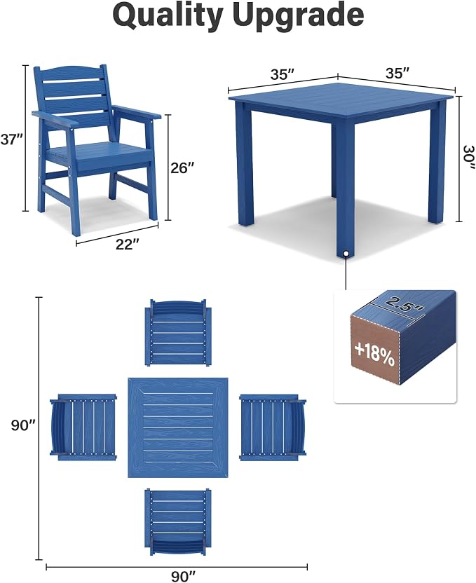 YEFU HIPS Outdoor Table and Chairs : Square Family-Friendly Patio Dining Sets - 5-Piece All-Weather Easy-Clean Outdoor Dining Set - Modern Furniture for Garden Deck Backyard Poolside（Navy）