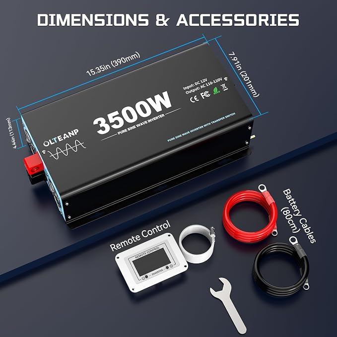 3500W Pure Sine Wave Power Inverter with Transfer Switch, 12V DC to 120V AC Converter, 7000W Peak, Auto Switch to Shore Power, Remote LCD Controller, USB & Type-C for RV, Truck, Off-Grid Heavy Duty