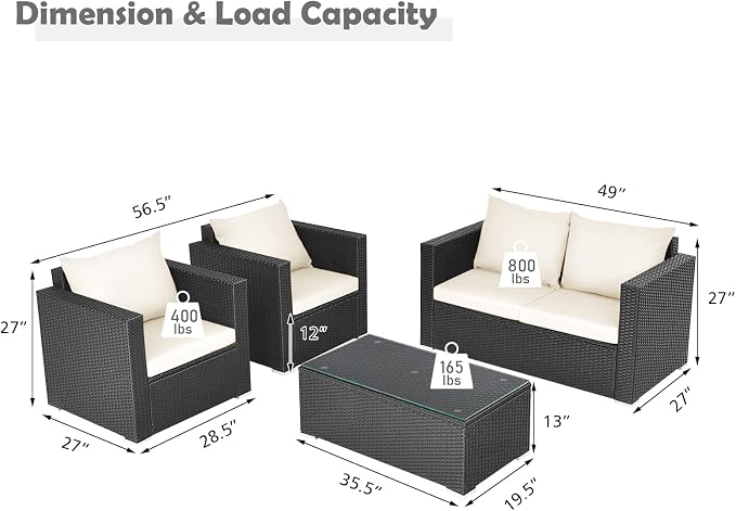 COSTWAY 4-Piece Patio Rattan Furniture Set, Cushioned Sofa Chair, Loveseat and Coffee Table with Tempered Glass Top, Outdoor Conversation Sets for Garden Poolside Balcony Porch (White)