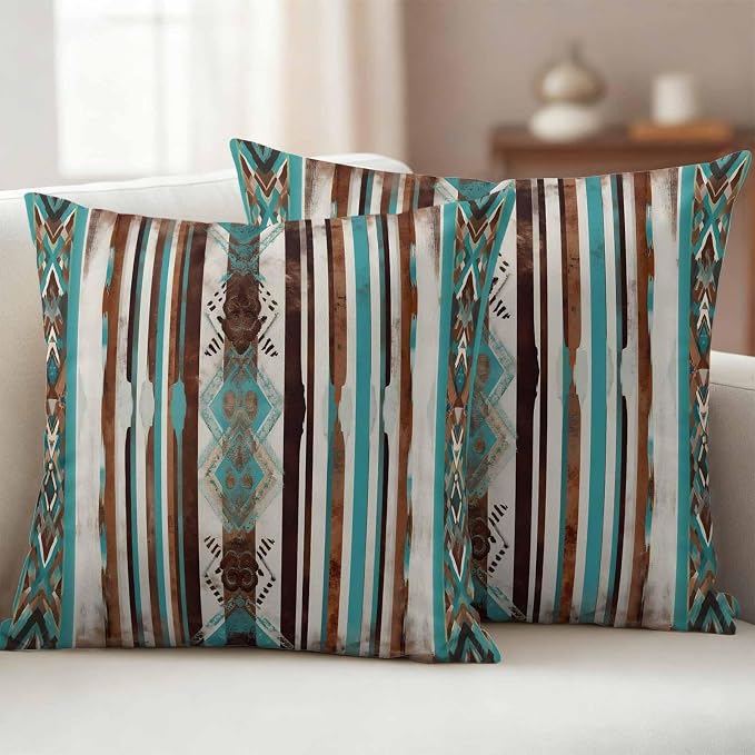 Ethnic Tribal Diamond Outdoor Pillow Covers 26"x26" Set of 2, Boho Abstract Teal Brown Stripes Diamond Waterproof Throw Pillow Covers for Patio Furniture, Decorative Cushion Covers for Porch