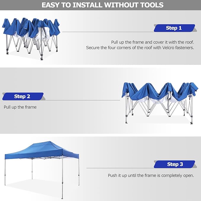 COBIZI 10x15 Pop up Canopy Tent Heavy Duty Without Sidewalls, Easy Set-up Commercial Outdoor Party Tent, 100% Waterproof Wedding Tent Gazebo, 3 Height Adjustable with Wheeled Bag, Blue