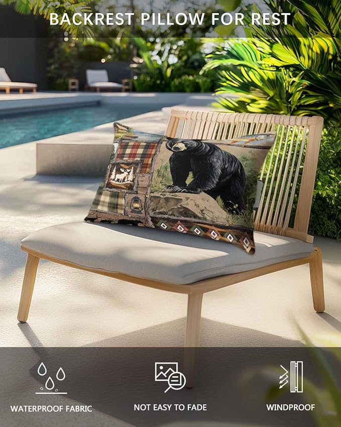 Pack of 2 Outdoor Lumbar Cushions Pillows, Vintage Forest Black Bear Classic Checkered Wood Grain Waterproof Fluffy Fade Body Pillows, Patio Furniture Pillow for Home Balcony Garden Decor 12x20IN