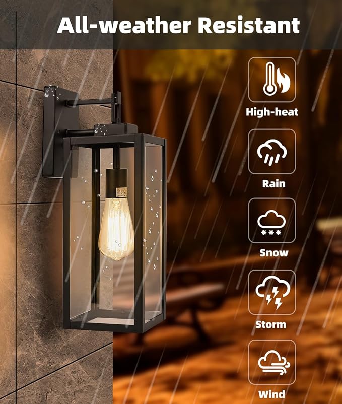 2 Pack Large Outdoor Wall Sconce, 18 Inch Black Wall Lantern Large Size Porch Light for House Outside Wall Light Fixture for Garage, Patio Light with with Glass Shade, E26 Socket