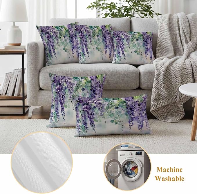 Purple Green Lavender Outdoor Pillow Covers Set of 2 Modern Abstract Romantic Watercolor Flower Leaf Waterproof Throw Pillow Cover Decorative Cushion Cases for Patio Porch Garden 20X20 Inch