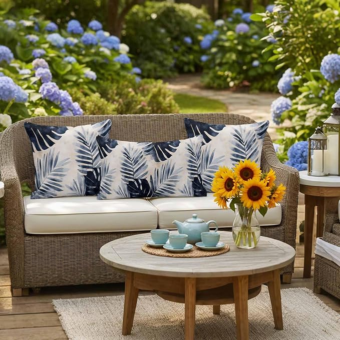 Pack of 2 Waterproof Outdoor Pillow Covers 20x12 Inch Decorative Pillow Covers Navy Blue Palm Leaves Throw Pillowcases Tropical Botanical Retro Outdoor Cushion Cover for Couch, Patio, Tent