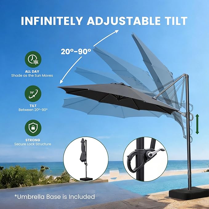 OLILAWN 10ft Patio Umbrella with Base Included, Large Cantilever Outdoor Umbrella with 360°Rotation & Infinite Tilt, Heavy-Duty Frame for Deck, Pool, Backyard, Garden, Charcoal