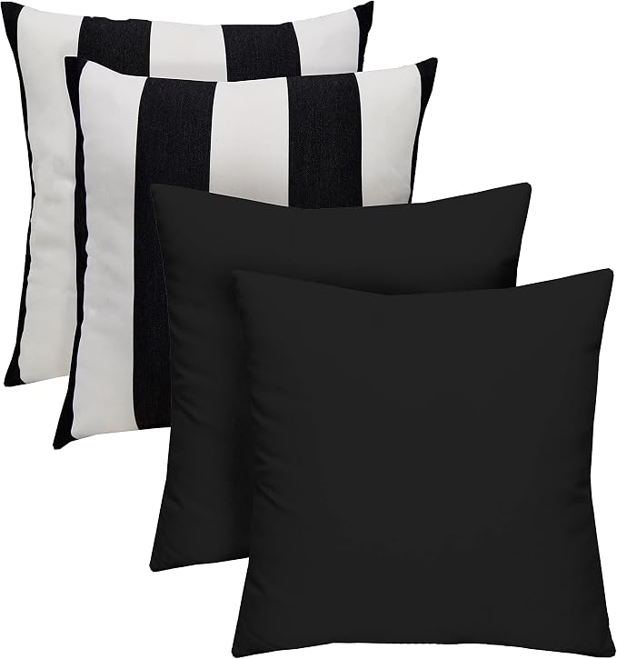 RSH DECOR Set of 4 Square Throw Pillows | Indoor/Outdoor All Weather Polyester Fabric | Decorative Accent Pillows for Patio Furniture | Reversible | 17" x 17" | Black + Black & White Stripe