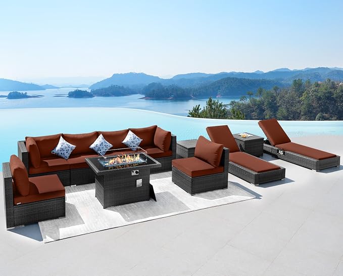 NICESOUL 11-Piece Patio Furniture with Chaise Lounge, Modern Wicker Outdoor Sectional with Fire Pit, Comfortable 29.3'' High-Back Conversation Seating, Heavy Duty All-Weather Couch Set, Grey & Red