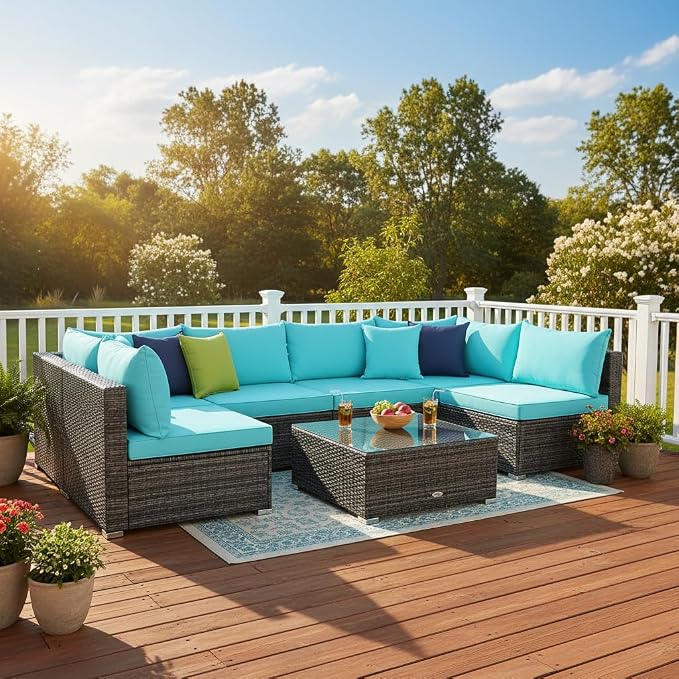 Tangkula 7 Pieces Wicker Patio Furniture Set, All-Weather Outdoor Rattan Sectional Sofa Set with Cushions & Tempered Glass Coffee Table, Outside Sofa Set for Garden, Lawn, Deck, Backyard (Turquoise)