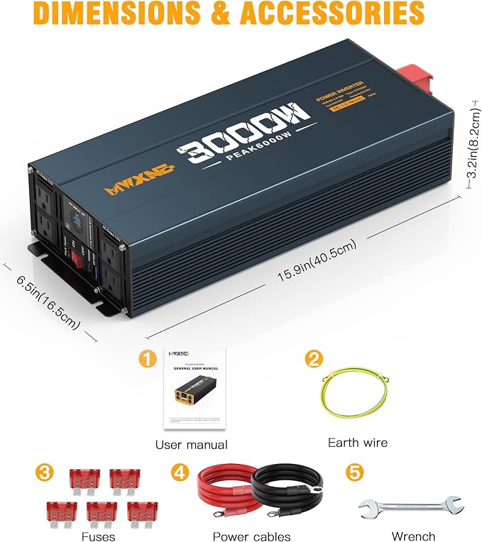 3000W Inverter DC 12V to AC 120V for Vehicles, Car Converter with 4 AC Outlets,PD30W/QC3.0 Quick Charging USB Ports Power Inverter with LCD Display - Navy Blue/Black
