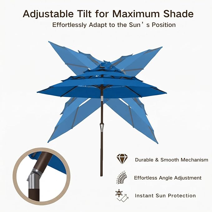Kingdura 10ft 3-Tier Patio Umbrella, Outdoor Table Umbrella with Easy Crank & Tilt, 8 Reinforced Ribs, UV Protection for Deck, Pool, Market, Backyard (Royal blue)