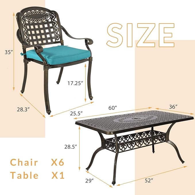 7-Piece Outdoor Patio Dining Set, 60” Rectangular Cast Aluminum Dining Table with Umbrella Hole and 6 Outdoor Dining Cushioned Chairs, Patio Funiture Set for Backyard, Patio, Garden, Blue