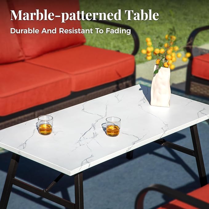 MIXPATIO Patio Furniture Set with Coffee Table, Outdoor Conversation Set with 2 x Rocking Chairs, 1 x 2-Seat Sofa, 1 x 3-Seat Sofa for Lawn Garden Backyard, Red