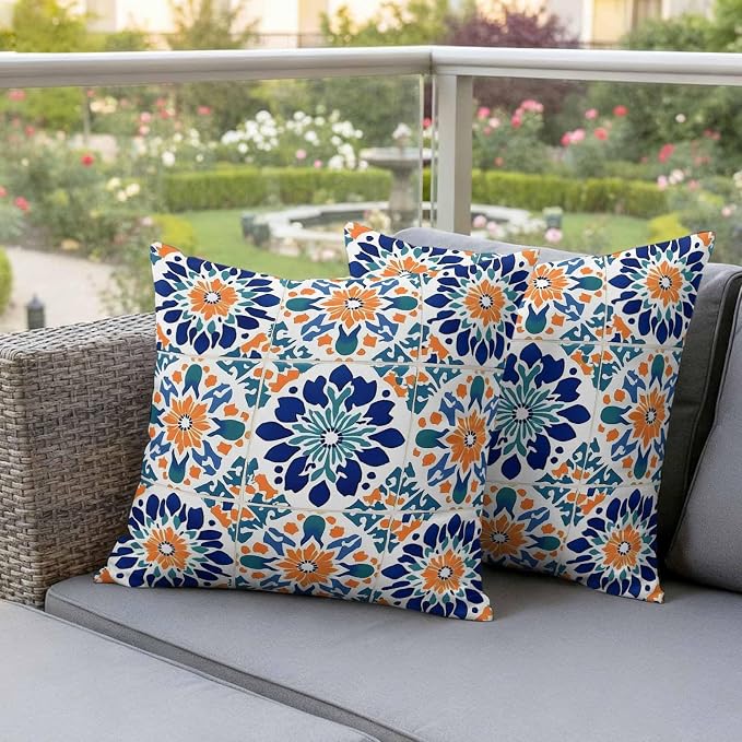 Retro Abstract Geometric Outdoor Pillow Covers Set of 2 Orange Blue Floral Texture Waterproof Throw Pillow Cover Decorative Cushion Cases for Patio Porch Garden 16X16 Inch