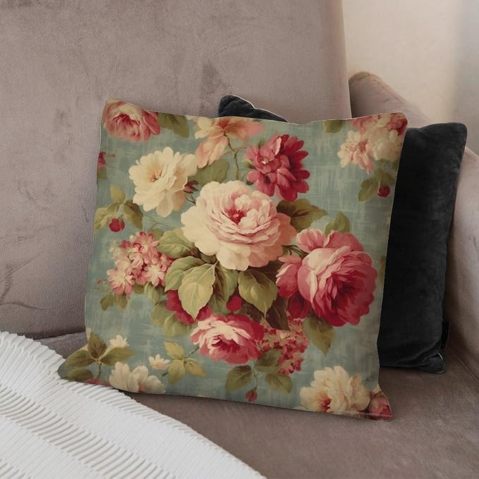 Cushion Cases Watercolor Pink Roses Pillowcase Classic Romantic Aqua Flower Pillow Cover Accent Square Couch Sofa Cushion Covers for Couch Sofa Patio 18x18 in