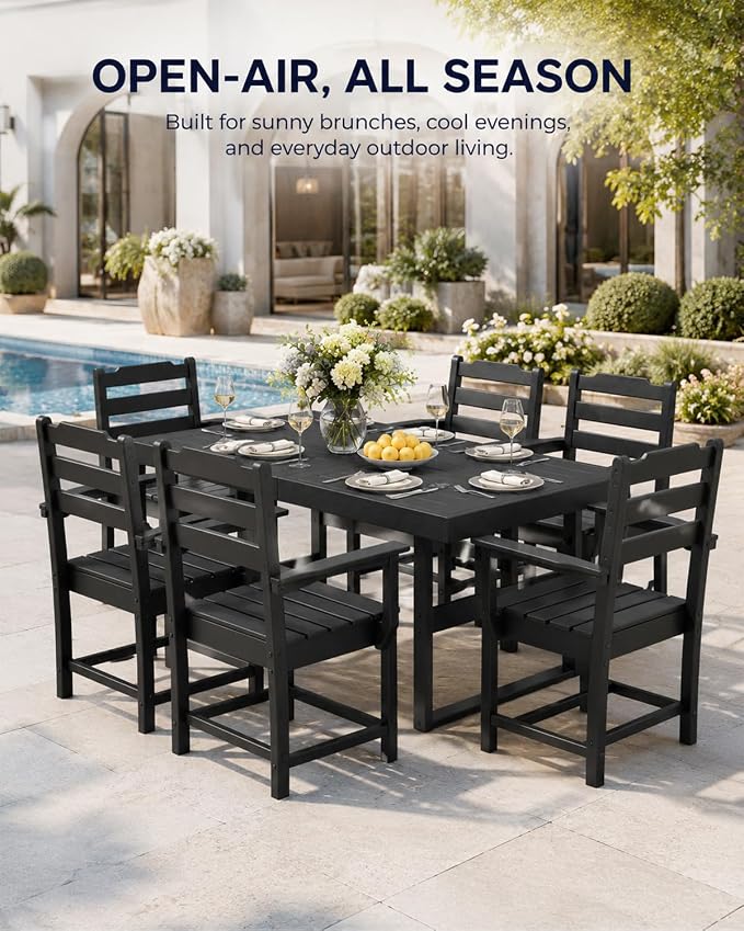 WACASA 7-Piece HDPE Outdoor Dining Set for 6, All-Weather Faux Wood Patio Table and Chairs with 2" Umbrella Hole, Steel-Reinforced Outside Furniture, Black