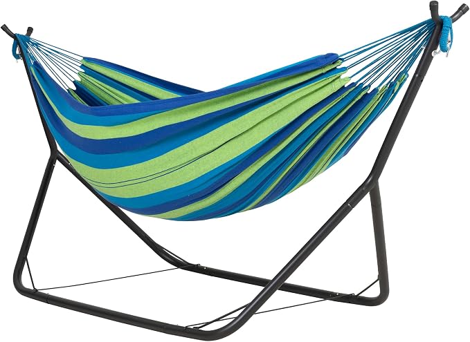 ANOW Double Hammock with Stand for Outside, Portable Space Saving Heavy-Duty Steel Stand for Indoor Outdoor Patio, 475 Lbs Capacity, Blue and Green Stripe